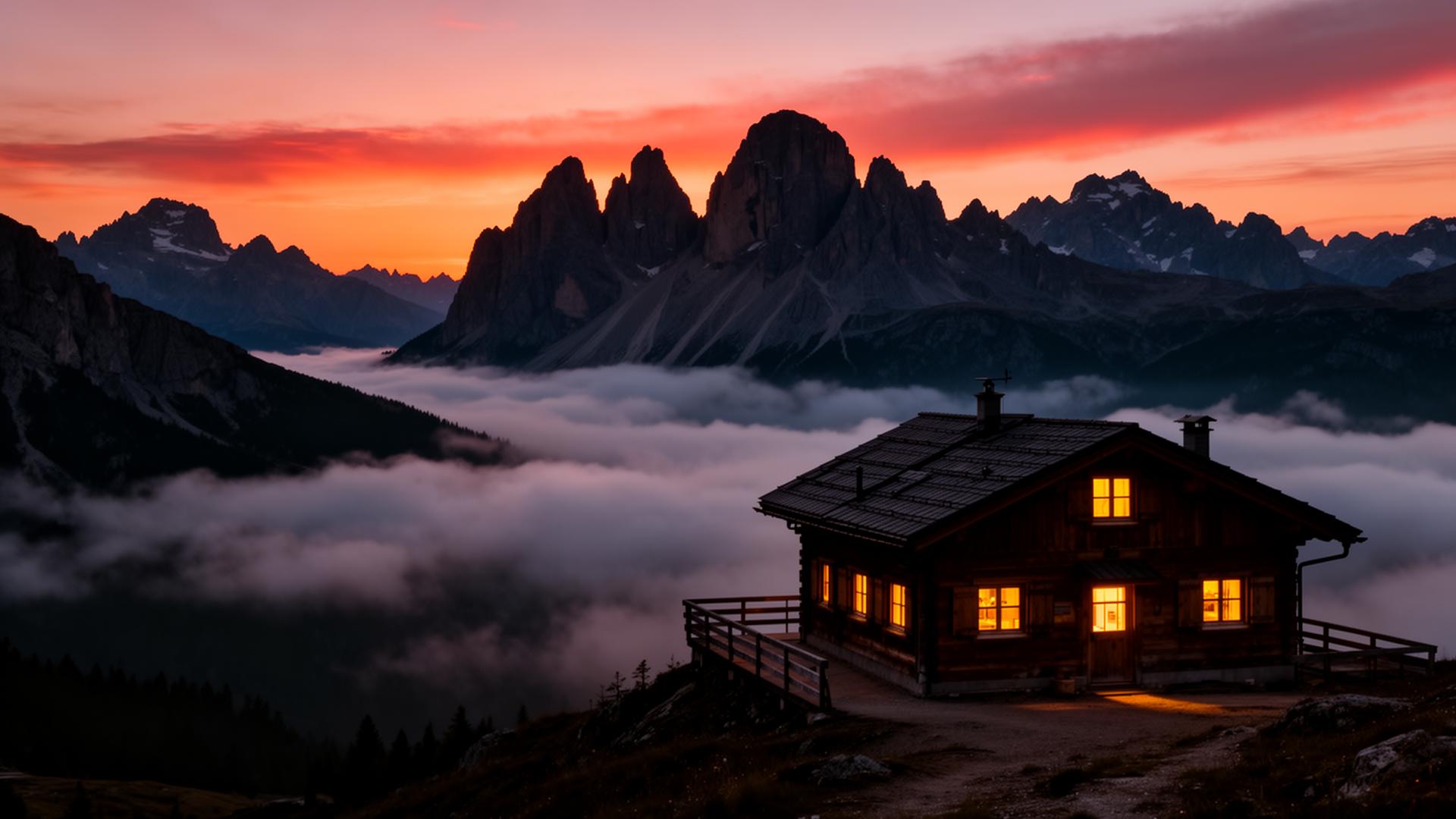 Alpine refuge at sunset